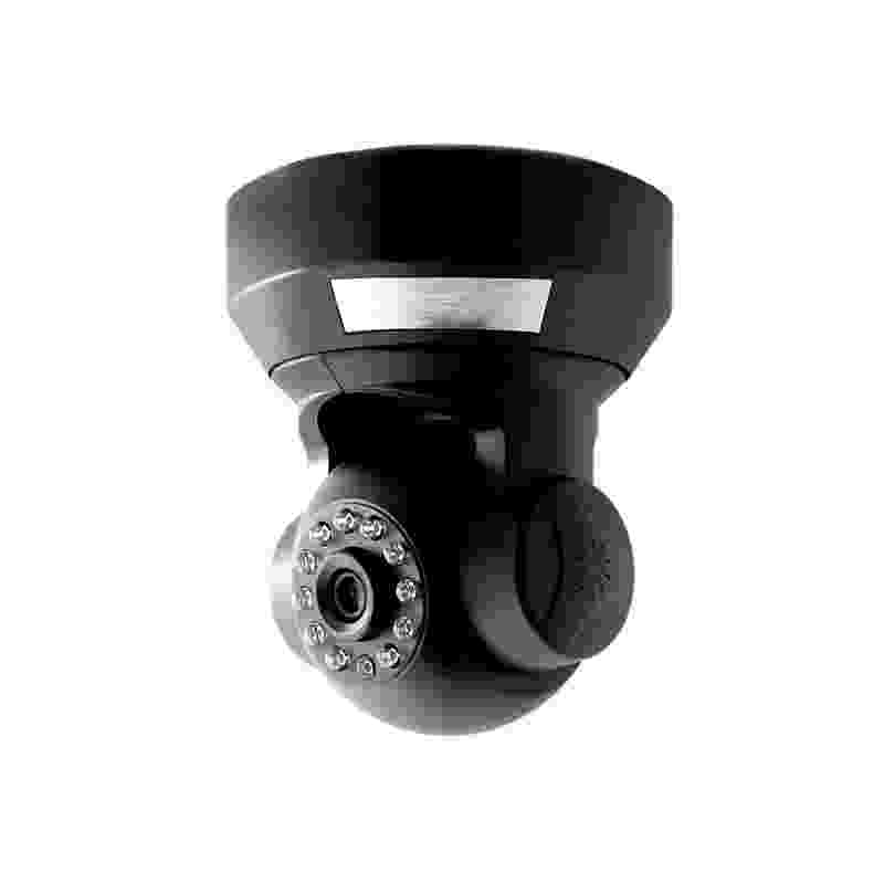 Black security camera with a protective dome and mounting bracket. Black security camera with a protective dome and mounting bracket.