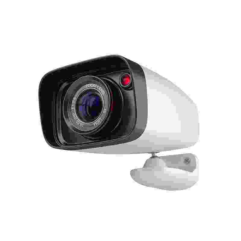 A white security camera with a black lens and red indicator light. A white security camera with a black lens and red indicator light.