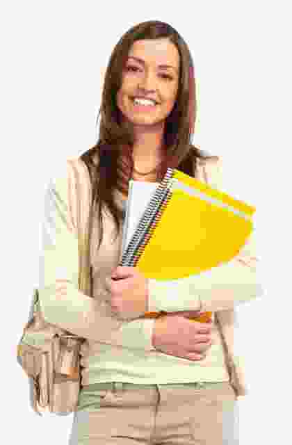 Smiling student holding yellow folders and backpack. Smiling student holding yellow folders and backpack.