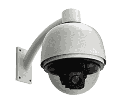 White dome security camera mounted on a wall bracket. White dome security camera mounted on a wall bracket.