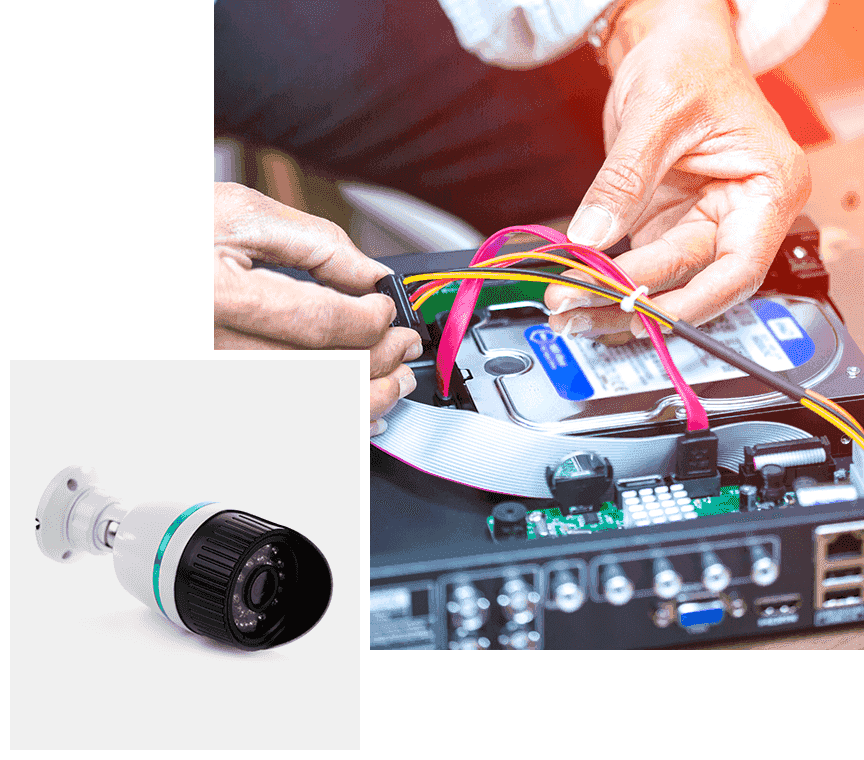Hands connecting colorful wires to an electronic circuit board beside a security camera. Hands connecting colorful wires to an electronic circuit board beside a security camera.